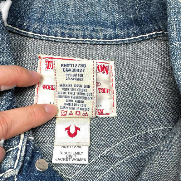 True Religion Women’s Disco Emily Big T Denim Jacket Size S Rainstone Button Y2K - Picture 5 of 13
